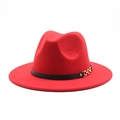 Detail view of red wool fedora hat featuring a black band and gold chain buckle accent - M (56-58cm) / Red
