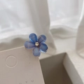 Detail of blue flower hair clip with pearl center and translucent petals on display card - 1 Piece / Blue