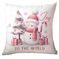 Detail of Christmas pillowcase with Joy To The World pink illustration and snowman print - Joy to the World Snowman
