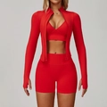 Ensemble de yoga 3 pièces rouge sans couture avec veste zippée, brassière et short - S / Haut Et Bas / Rouge