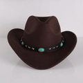 Macro detail of dark brown western cowboy hat with turquoise and metal rivet leather band - M (56-58cm) / Coffee