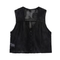 Elegante schwarze Weste aus transparenter Spitze mit Stickerei und Knopfleiste - Schwarz
