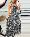 Detail view of leopard print maxi dress with slim straps and high elastic waist design - S / Dresses / Black Leopard