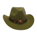 Olive green wide brim fedora with leather skull band in Western cowboy style - Adult (56-58CM) / Army Green