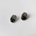 Irregular oval silver earrings with black and white crystal inlay for a modern look - 925 Silver Pin Black Crystal Studs