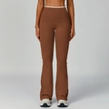 High-waisted flare yoga pants in dark coffee with white contrast waistband details - Birch Tea Brown