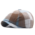 Brown and light blue plaid newsboy cap with classic retro checkered pattern and top button - Coffee Plaid