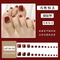 Deep red press-on toenails with gold glitter wave patterns, 24-piece set SKU JJP184-B3 - JJP184-B3 Red Bean Glitter