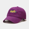 Close-up of a purple cotton baseball cap with detailed sunflower embroidery on a grey background - M (56-58cm) / Purple