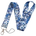 Floral print lanyard for phones and keys with blue pattern and silver lobster clasp - KP204-3 Blue White Floral Lanyard