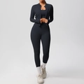 Three-piece athletic set with zip-up jacket, sports bra, and high-waisted yoga pants - S / Black