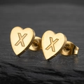 Minimalist gold heart stud earrings with brushed texture and engraved letter X design - Letter X / Gold