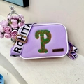 Purple rectangular crossbody bag with green chenille letter P and printed strap - Purple