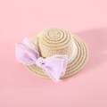 Dettaglio cappello di paglia per animali con fiocco in tulle viola e perle bianche - S(13CM) / Cappello con Fiocco di Perle Viola