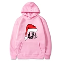 Pink Christmas hoodie with HO HO HO print and Santa hat, casual long sleeve holiday wear - S / Pink