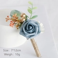 Dusty blue PE rose boutonniere with red berries and jute twine wrap, 7x12cm size - Corsage / Morandi Blue