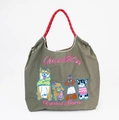 Olive green nylon tote bag with colorful dog embroidery and red braided rope handles - Dark Grey Shiba Inu