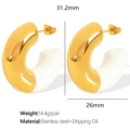 Gold-plated stainless steel C-shaped hoop earrings with white enamel finish details - EH477 Gold White Enamel Style