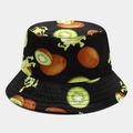 Detail of reversible bucket hat featuring vibrant kiwi fruit patterns on black twill cotton - Black Base Kiwi Print (28# Color)