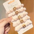 Set of 5 beige and pink high-elastic hair scrunchies with heart resin ornaments - Beige Heart Decor 5Pcs Set