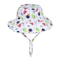 Detail of white fisherman hat featuring colorful geometric prints and adjustable windproof strap - Cartoon Dots