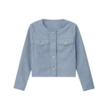 Women's casual soft short jacket in light blue with gold buttons and front flap pockets - XS / Blue