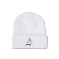 Detail of white knit beanie featuring an embroidered cartoon duck on a skateboard - M (56-58cm) / White