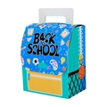 Blue and yellow back to school gift box with backpack shape and colorful school patterns - Blue Backpack