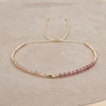 Handmade gradient pink natural stone beaded bracelet with adjustable woven beige cord - Beige Rope/Beige Pink Rose Red Gold Bead(BR0709)