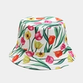 Close-up of vibrant tulip floral print pattern on reversible sun bucket hat fabric - One Size / 15# White With Color Tulips
