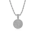 Collier argenté avec pendentif rond glacé, serti de zircons et chaîne de type corde - Médaille Ronde 27mm + Chaîne Corde 18in*3mm / Or blanc