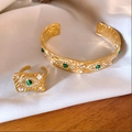Golden minimalist cuff bracelet and ring set with malachite eye and clear crystals - 140# Evil Eye Malachite Set (Bracelet+Ring/Stainless Steel) / Gold-Green