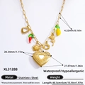 Golden stainless steel paperclip necklace featuring heart locket and sun charms - XL31288 (Locket/Sun/Moon/Rose/Chili/Lemon)