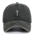 Detail of high-quality white cross embroidery on a dark grey washed cotton baseball cap - One Size / Army Green