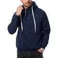 Detail view of navy blue men hoodie with white drawstrings and half-zip collar design - S / Navy Blue