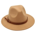Detail of camel fedora hat featuring a brown faux leather band and metallic buckle - M (56-58cm) / Camel (Yellow Rope)