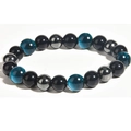 Bracelet pour hommes en œil de tigre, obsidienne noire et perles d'hématite polies - 10mm Bleu Ciel