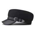 Black fabric cadet cap with leather brim and vintage engraved silver buckles - M (56-58cm) / Black with Large Buckle
