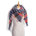 Plaid tassel triangle scarf in navy blue, red, and beige soft yarn for women - Midnight Navy Plaid