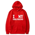 Red hoodie sweatshirt with I Love My Girlfriend print and white drawstring hood - S / Tops / Red