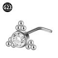 L-shaped G23 titanium nose stud with clear round cubic zirconia and bead accents - Large Stone Surrounded By Three Beads (Style 9 L-Shaped) / 0.8x7mm
