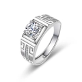 Macro view of silver men's ring featuring a large round zircon and geometric patterns - Adjustable Open / Silver TMJ005