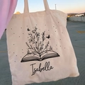 Beige canvas tote bag with floral book print and Isabella name customisation - STD874-N Isabella Book Illustration