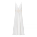 Elegant white satin maxi dress with deep V-neck, lace hollow stitching, and thin straps - S / White