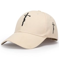Close-up of Faith cross embroidery on beige cotton baseball cap with high-quality texture - Beige With Black Embroidery
