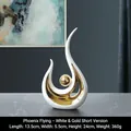Modern abstract ceramic phoenix figurine in pearl white and gold finish, small size - Phoenix Flying / Short Version / Platinum