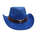 Royal blue faux suede western cowboy hat with brown leather band and silver bull head - Sapphire Blue