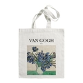 White canvas tote bag featuring Van Gogh Irises floral art print with black text - Irises Close-up