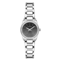 Elegant silver stainless steel watch for women with a dark grey sunray dial and gemstone bezel - Black