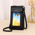 Black pebbled leather crossbody phone bag with transparent touchscreen window and strap - Black